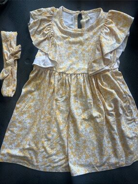 btween Yellow Floral Ruffle Dress with Matching Headband